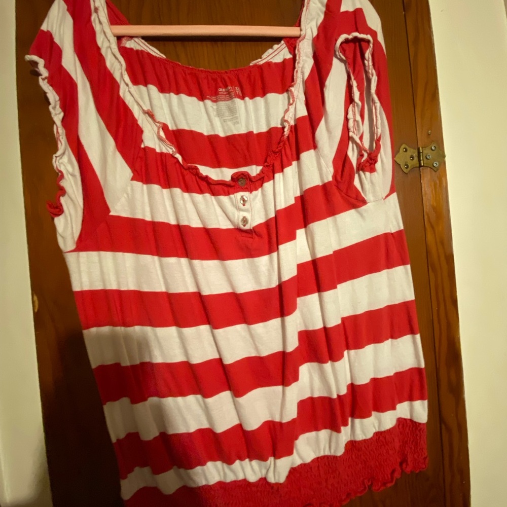 Pink and white striped shirt, off the shoulder